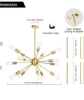 Sputnik 15 Light Brushed Brass Chandelier Modern Pendant Lighting dimensions and adjustable height guide