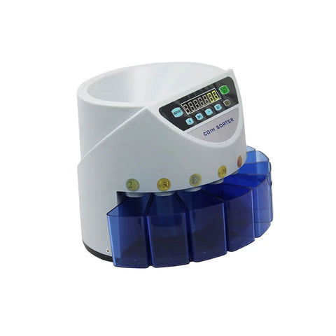 Smooth Operating Money Counter Machine With Automatic Coin Sorter And Eight Money Tubes, LED display and blue coin compartments.