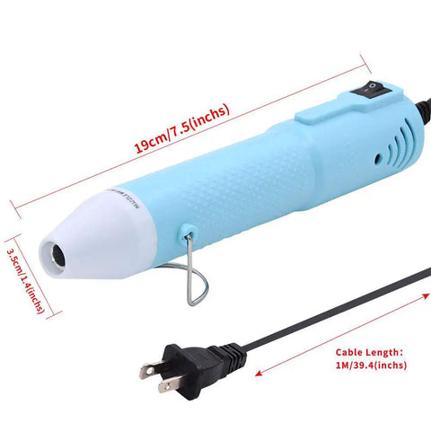 Compact Mini Heat Gun Goes Hard On Sweet Diy Craft Jobs, 19cm long with ergonomic blue grip, retractable bracket, and power cord.
