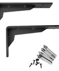 Badass Black Industrial Floating Shelf Brackets Two Pack thick steel L corner mounts with pre-drilled holes and mounting hardware.