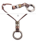 Top Shelf Handcrafted Leather Necklace For Men And Women Boasting A Fly Vintage Hippie Design With Adjustable Long Cord And Smooth Durable Alloy Cross Pendant In Classic Brown showing a unique alloy pendant with a circular detail on a leather strap.