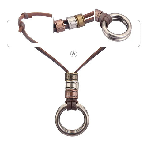 Top Shelf Handcrafted Leather Necklace For Men And Women Boasting A Fly Vintage Hippie Design With Adjustable Long Cord And Smooth Durable Alloy Cross Pendant In Classic Brown showing a unique alloy pendant with a circular detail on a leather strap.