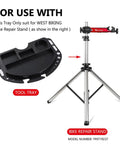 Heavy-duty bike repair stand with magnetic tool tray and four compartment organizer for mechanics, shown with tray details