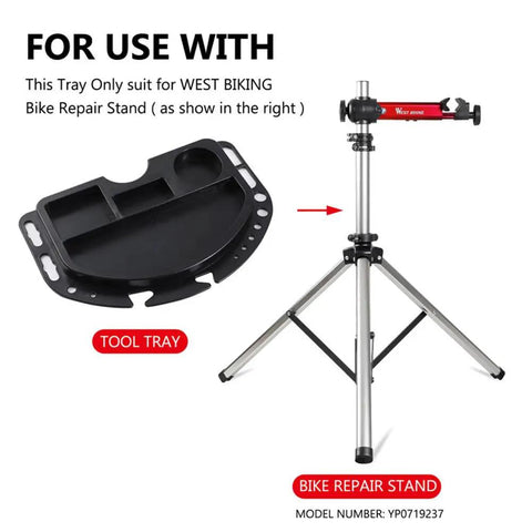 Heavy-duty bike repair stand with magnetic tool tray and four compartment organizer for mechanics, shown with tray details