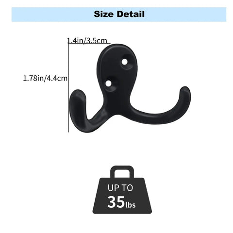 Size detail of 4 Pack Wall Hooks Set, Heavy Duty Metal Coat Hangers In Black, Wall Mounted With Screws, Double Hooks, Holds Up To 40 Lbs