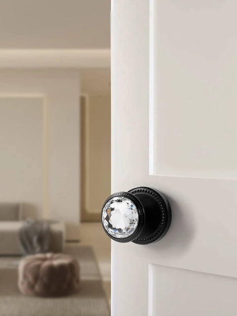 Crystal And Brushed Gold Door Knobs For Bedroom And Bathroom, Privacy Lock, modern look on white door in stylish interior