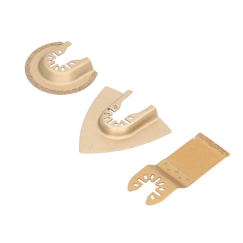 Oscillating Saw Blade Set for Tile and Marble Brazed Emery Multitool Blades 3 Piece Rectangle and Semicircle Blades displayed.