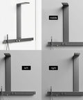 Wall-Mounted Luxury Thermostatic Shower System with Storage Rack & Towel Bar in various angles on a wall, brushed gun grey finish.
