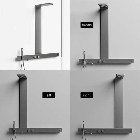 Wall-Mounted Luxury Thermostatic Shower System with Storage Rack & Towel Bar in various angles on a wall, brushed gun grey finish.