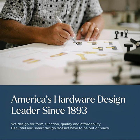 Designer creating hardware blueprints at a table with sketches; text reads America's Hardware Design Leader Since 1893.