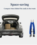 Two-Fold Emergency Medical Stretcher beside open car trunk, showing space-saving design