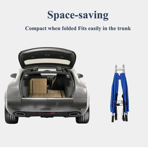 Two-Fold Emergency Medical Stretcher beside open car trunk, showing space-saving design