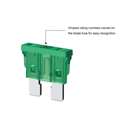 Close-up of green blade fuse from Heavy Duty 14 Gauge Fuse Holder In Line ATC ATO For Automotive Systems showing ampere rating.