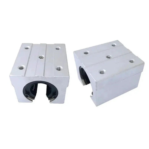 4 Pack Aluminum Block 20mm Linear Motion Ball Bearing Slide Block Set For SBR20 Linear Guide Rails, High Precision Smooth Movement, Durable Aluminum Blocks For DIY CNC And Robotics. Two aluminum SBR20 linear bearing blocks shown at different angles