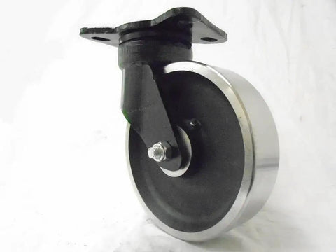 Badass Kingpinless Swivel Caster With Eight Inch Drop Forged Steel Wheel Three Thousand Pound Capacity side view of caster with black wheel and metal frame.