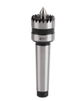 Front view of MT2 live tailstock center with conical tip, chrome shaft and black collar