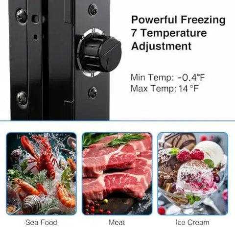 Game Changer 2.3 Cubic Foot Compact Upright Freezer With Seven Flexible Temperature Settings showing temperature dial and frozen seafood, meat, and ice cream.