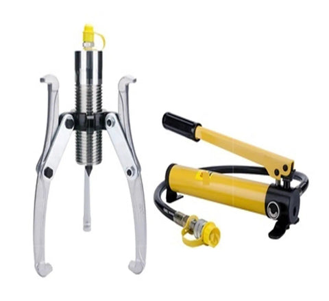 Heavy Duty Split Type Hydraulic Puller With Manual Pump For 5 Ton Bearing Race Gear Wheel Tire Extraction And Badass Garage Mechanics Daily Repair Kit includes chrome puller and hydraulic pump.