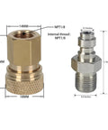 Two-piece brass quick-disconnect adapter set for 1/8 NPT threads; knurled female coupling with male adapter