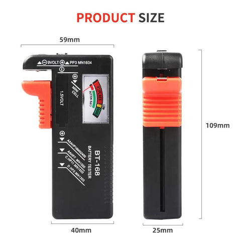 Handy Universal Battery Tester BT 168 Checker For AA AAA C D 9V And Button Cells No Battery Needed To Run Portable Pocket Power Meter For Home Office And Workshop Quick Battery Health Readouts, black plastic BT-168 battery tester 109mm x 59mm x 25mm
