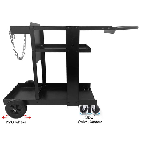 Side view of Beefy Heavy Duty Welding Cart For TIG MIG Welder Plasma Cutter And Gas Bottle Storage With Three Tier Shelves Black Finish