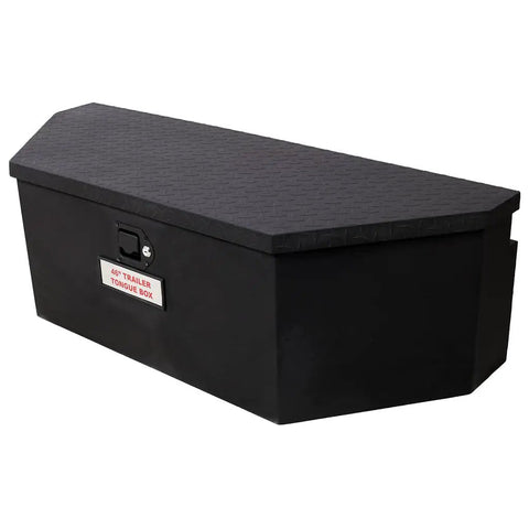 Heavy Duty Workhorse 46 Inch Trailer Tongue Tool Box Solid Steel Storage Chest showing the rugged black exterior and textured lid.