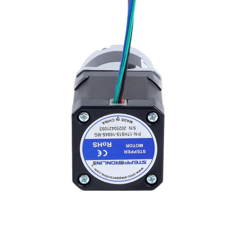Front view of Nema 17 Stepper Motor With 5 To 1 MG Series Planetary Gearbox showing label and wiring