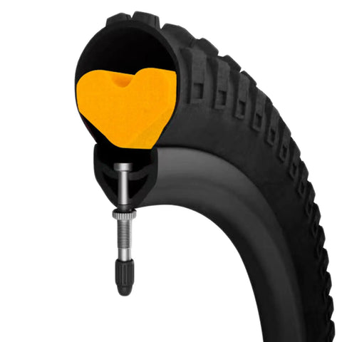 Cutaway of bike tire showing Tubeless Tire Inserts Pad For Bikes Lightweight Foam Tire Protector Liner inside tire structure