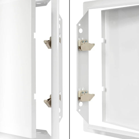 Heavy Duty Galvanized Steel Access Panel For Drywall Ceilings White Wall Cover With Slick Single Hand Latch close-up of latch mechanism