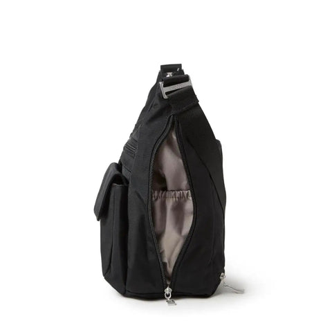 Side view of black Everywhere Bagg Hobo Crossbody Bag With RFID Wristlet For Women, showing open interior and water-resistant nylon material.