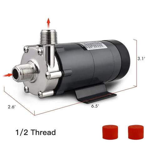 Premium Stainless Steel Wort Brewing Pump Delivering Straight Fire Magnetic Drive Performance For Effortless Homebrew Liquid Transfer Right Out Of The Kettle, showcasing size and 1/2 inch thread.