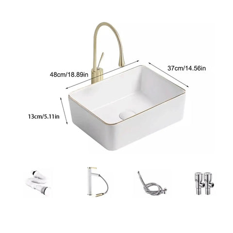 USZWBY Vessel Sinks Household Wash Basin Single Ceramic Gold Edge Art Small Size Bathroom Bowl Sink, dimensions 48x37x13 cm.