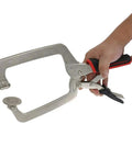 Heavy Duty 15 Inch C Clamp Locking Pliers With 360 Degree Swivel Pads And Six Inch Deep Throat For Woodworking Welding And Pocket Hole Joinery 2 Piece Set in hand for scale