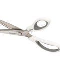 ProSeries 9 Inch Pinking Shears With No Fray Zigzag Edge Heavy Duty Stainless Steel Blades White Soft Grip Handle For Easy Pain-Free Fabric Cutting And Fray-Free Seams, angled view