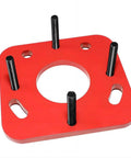 DPTOOL red aluminum rear axle bearing puller adapter plate with four threaded studs and large center bore, top view