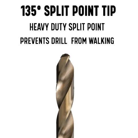 Fifteen Sixteenths Inch Cobalt Steel Taper Length Drill Bit DWDTL Series with 135° split point tip, gold oxide finish.