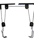 Heavy Duty Ceiling Bike Hoist For Garage With 100 Lb Capacity, Quick Mount Pulley Rack For Mountain Bikes, Strong Steel Frame With Nylon Coated Hooks To Protect Your Ride, ceiling-mounted steel hoist with hooks