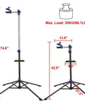 Two Beast Bicycle Repair Stands with adjustable height from 42.5 to 74.8 inches displaying max load and frame fit details.