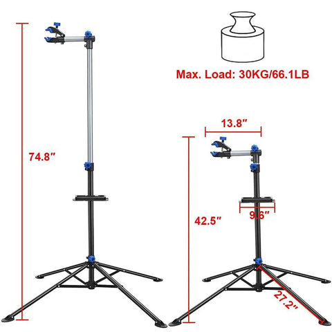Two Beast Bicycle Repair Stands with adjustable height from 42.5 to 74.8 inches displaying max load and frame fit details.