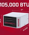 Heavy Duty 105000 BTU Horizontal Natural Gas Garage Heater With Fast Forced Air Delivery measuring 27 x 24.75 inches.