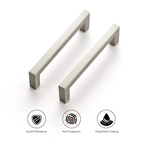 30 Pack Slim 3 3/4 Inch Center To Center Solid Square Bar Cabinet Handles In Brushed Nickel showing scratch resistance and anti-fingerprint features