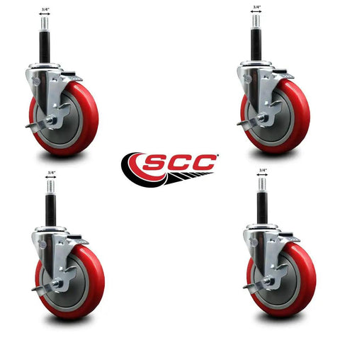 Heavy Duty Polyurethane Swivel Casters In Bold Red With Expanding Stems And Top Locking Brakes for 3/4 inch stems.