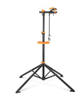 Foldable Bike Repair Stand with Magnetic Tool Tray and 360 Degree Head shown fully extended with orange accents.