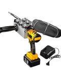 Heavy Duty Electric Fish Tape Puller And Straight Shooting Wire Threader Tool, Battery Powered Conduit Crawler on a workbench.
