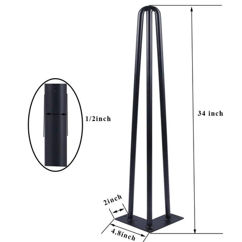34 Inch Hairpin Table Legs Set For DIYers 1/2 Inch Dia 3 Rods Heavy Duty Metal Furniture Feet for Coffee Table TV Stand Mid Century Black with Floor Protectors 4 Pack diagram