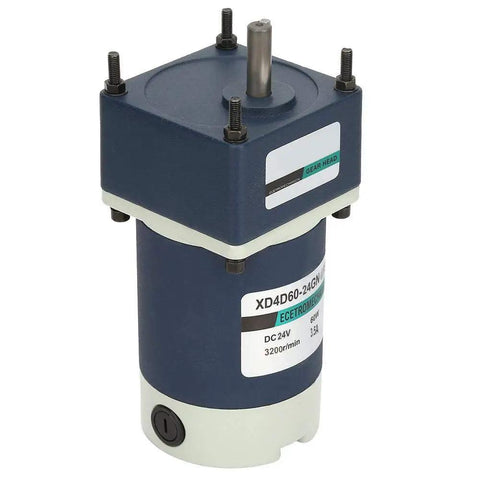 Real Deal 24V DC Geared Motor With 60W Kick And Smooth Adjustable Speed Control Built Tough With Solid Metal Gears For DIY Rockstars And Shop Projects Rolling At 160 RPM on display showing its robust design and metal gears.