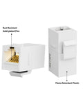 Front and side view of Cat6 RJ45 Keystone Coupler 25 Pack Female to Female UTP Inline Jack with gold-plated pins and flame retardant plastic.