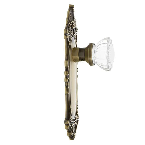 Dope Classic Victorian Plate With Crystal Door Knob Set For Large Doors, side view showing ornate brass plate and fluted crystal knob