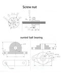 Technical drawings of screw nut and mounted ball bearing for Vertical T8 Lead Screw Kit For CNC And 3D Printer Projects With Nut Bearing.