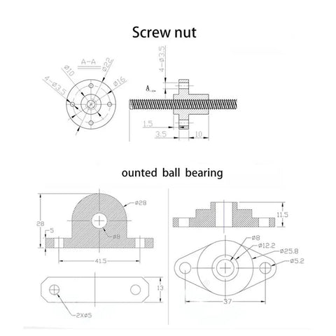 Technical drawings of screw nut and mounted ball bearing for Vertical T8 Lead Screw Kit For CNC And 3D Printer Projects With Nut Bearing.